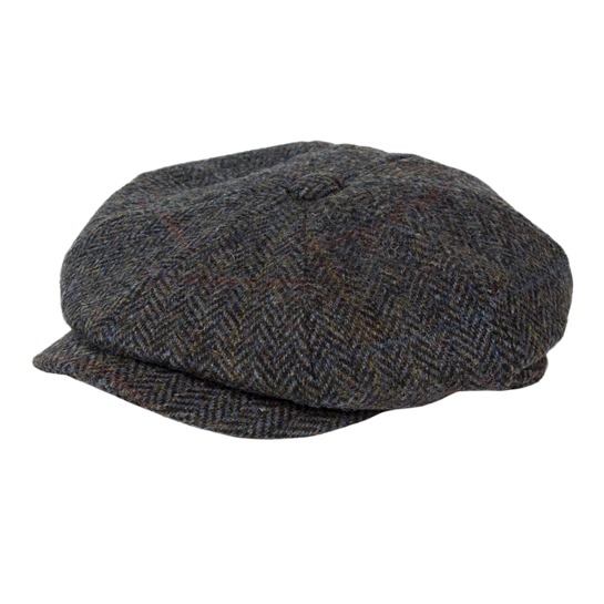 Harris Tweed Flat Cap: North Sea Herringbone, Aero Leathers